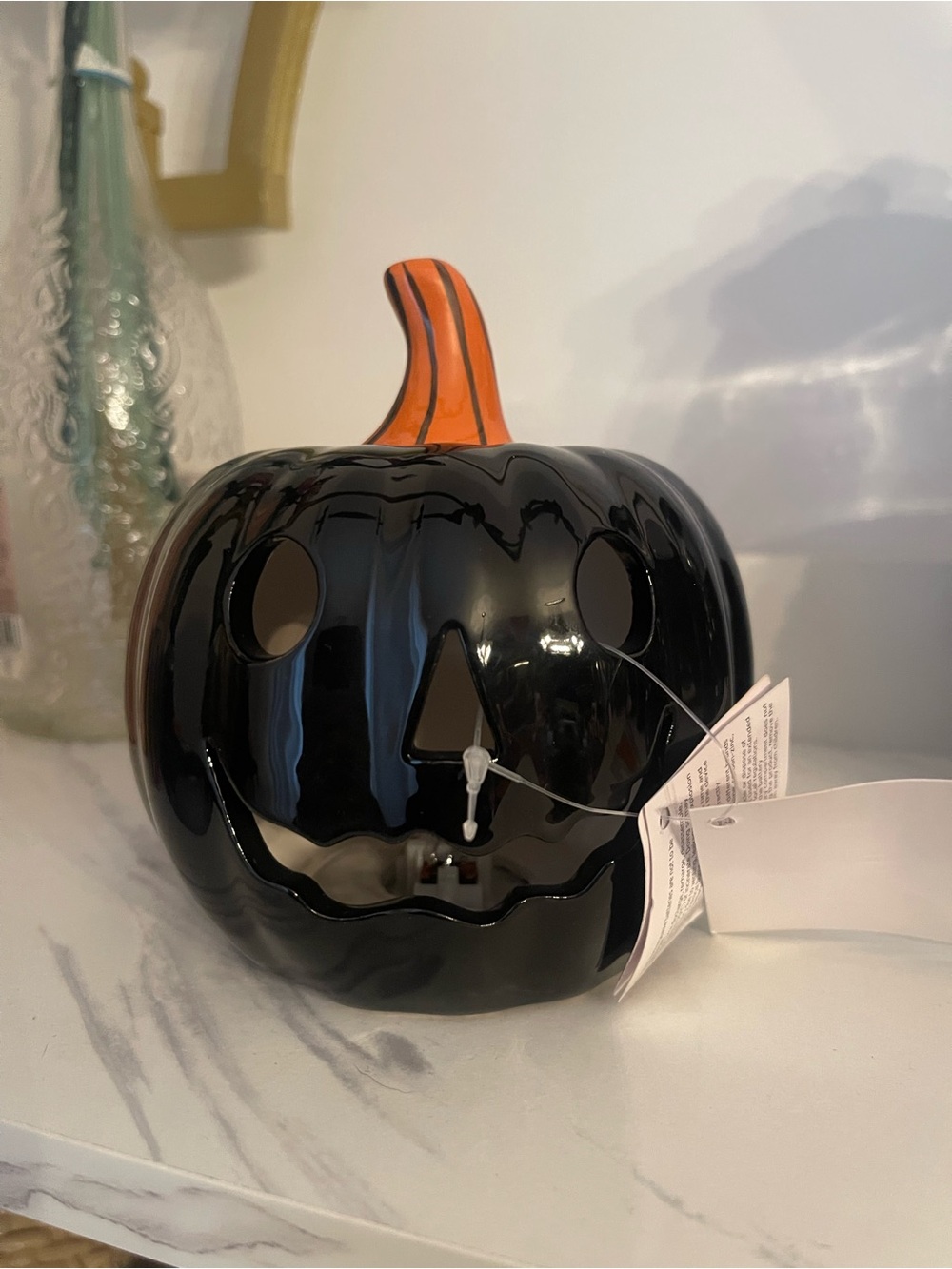 Black Ceramic Jack-O'-Lantern with Orange Stem - Halloween Decor
